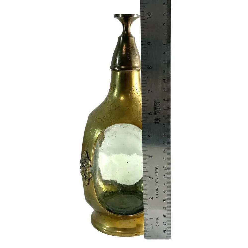 Vintage Indian Solid Brass & Glass Liquor Decanter Flask with Cup Stopper 10”